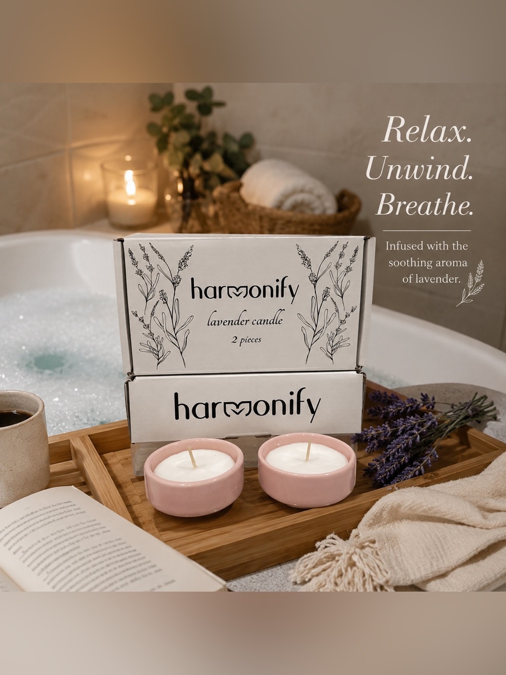 Harmonify Lavender Scented Candles Soy and coconut oil blend 2-Pack ceramic NIB
